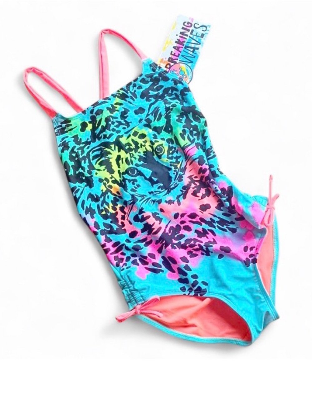 Breaking Waves Girls 14 Neon Leopard One Piece Swimsuit UPF 50 NWT